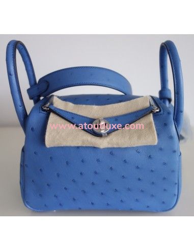 Sac mini Lindy Hermès autruche bleu